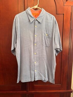Short Sleeve 100% Silk Sette Ponti Mens Shirt Size XL Front Pocket Blue
